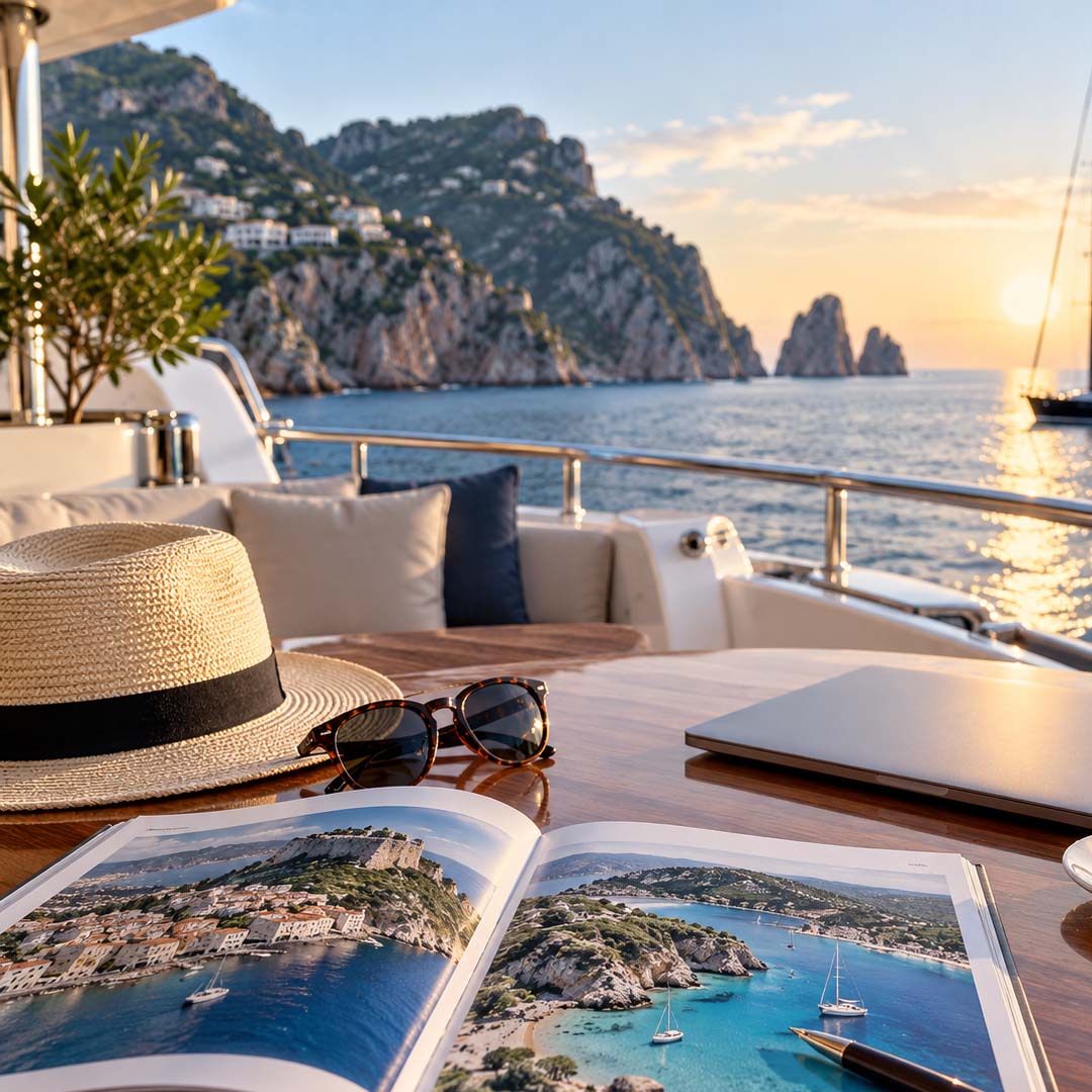 Luxury yacht charter planning aboard a superyacht in the Mediterranean