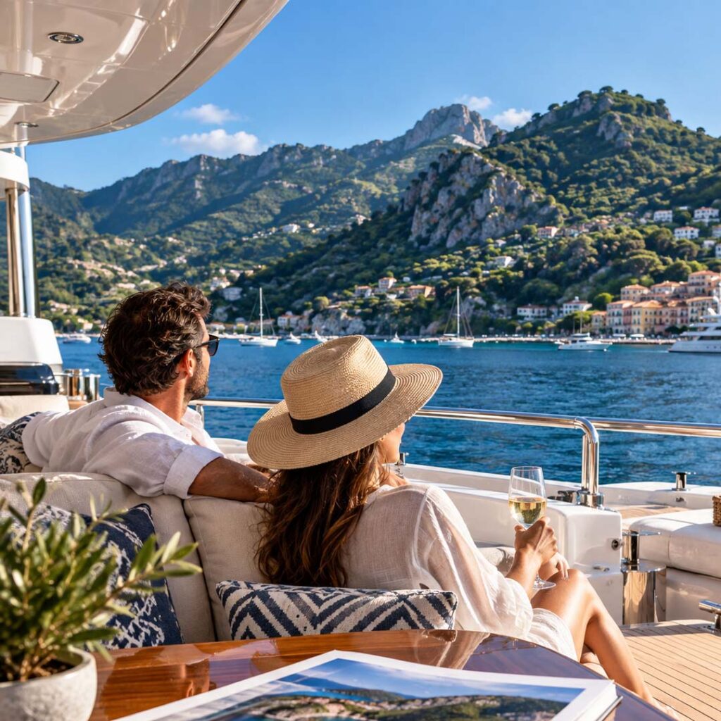Luxury yacht deck overlooking a tropical island during a private yacht charter